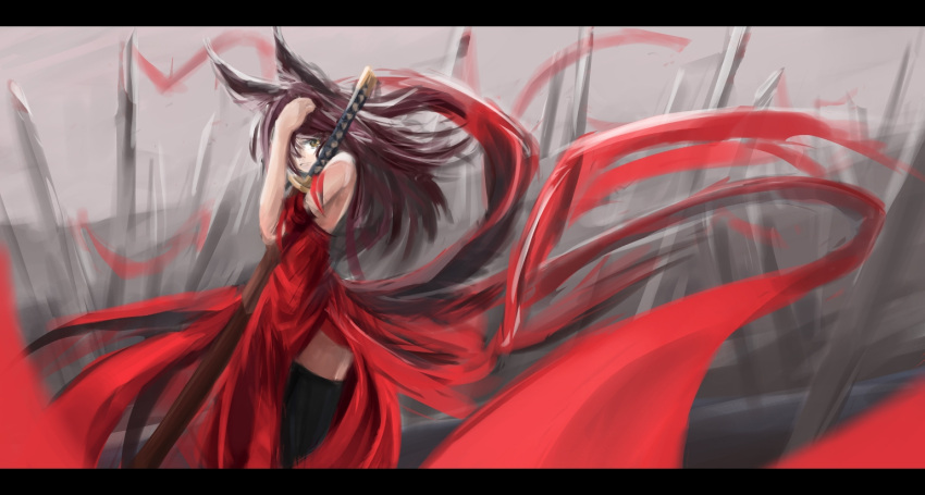 animal_ears arceonn bare_shoulders black_thighhighs commentary_request dress female field_of_blades fox_ears huge_weapon letterboxed long_hair original planted planted_sword red_dress red_hair sheath sheathed side_slit solo sword thighhighs weapon yellow_eyes