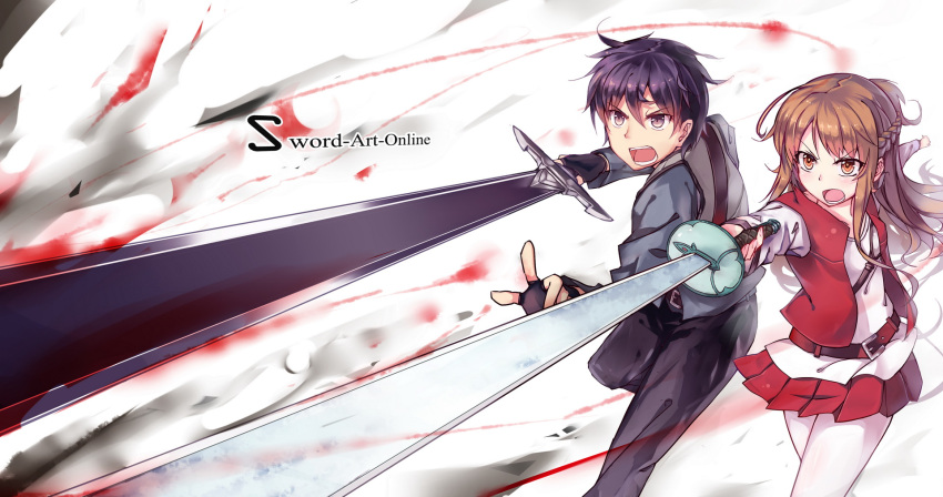 asuna_(sao) black_hair blood brown_hair commentary_request g.h_(gogetsu) highres kirito long_hair sword sword_art_online weapon