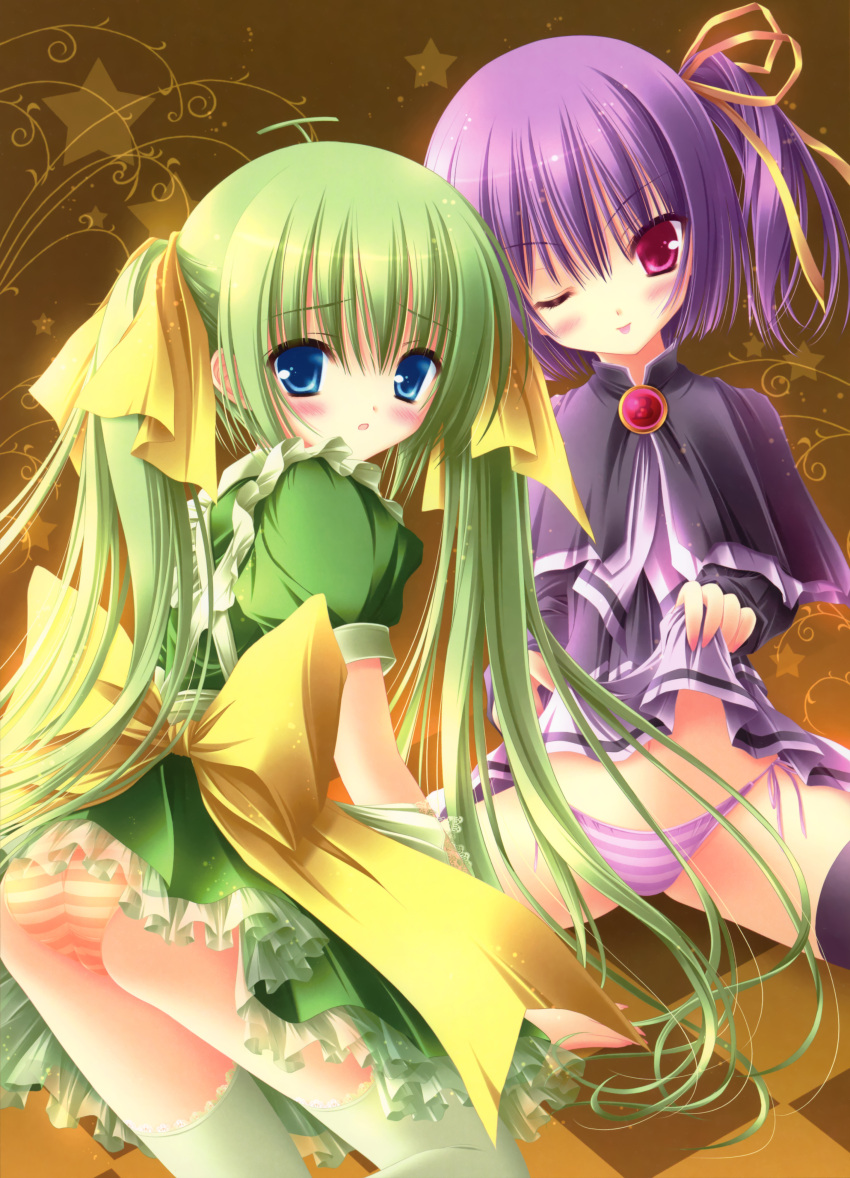 2girls ;p absurdres ahoge apron back_bow bad_link black_lemon-chan black_thighhighs blue_eyes blush bob_cut bow brown_background capelet checkered_floor clothes_lift dress dress_lift fanged_bangs frilled_apron frilled_dress frills gem green_dress green_hair green_thighhighs hair_between_eyes hair_ribbon highres layered_capelet layered_clothes long_sleeves mascot melon-chan melonbooks multiple_girls one_eye_closed one_side_up orange_panties panties parted_lips puffy_short_sleeves puffy_sleeves purple_eyes purple_hair purple_panties red_gemstone ribbon sash short_sleeves side-tie_panties skirt skirt_lift spread_legs star_(sky) striped_clothes striped_panties thighhighs tinker_bell_(pixiv_10956015) tongue tongue_out twintails underwear yellow_bow yellow_ribbon yellow_sash