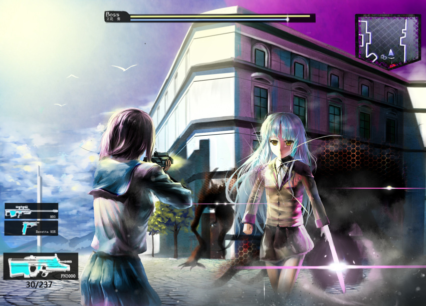 2girls angel_beats! assault_rifle bad_id bad_pixiv_id beretta_93r blazer bullpup crossover fake_screenshot fn_f2000 gameplay_mechanics gun handgun highres jacket keli_bang knife long_hair monster multiple_girls nakamura_yuri parody purple_hair resident_evil rifle school_uniform serafuku shinda_sekai_sensen_uniform skirt tachibana_kanade weapon white_hair yellow_eyes