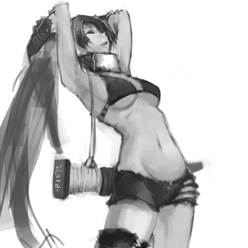 arched_back armpits arms_up bad_id bikini bikini_top_only breasts closed_eyes female greyscale highres long_hair medium_breasts monochrome original photoshop_(medium) ponytail riftgarret sheath sheathed short_shorts shorts single_thighhigh solo swimsuit sword thighhighs underboob very_long_hair weapon