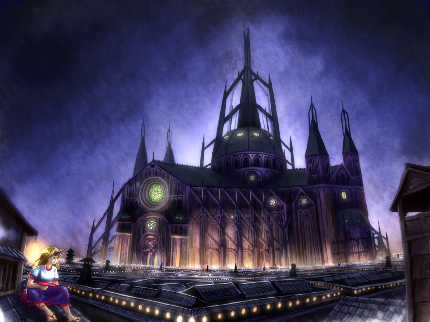 blonde_hair building cathedral chireiden commentary_request female flying_buttress highres horns hoshiguma_yuugi keto_chuusa lantern long_hair outdoors photoshop_(medium) scenery single_horn solo stained_glass touhou