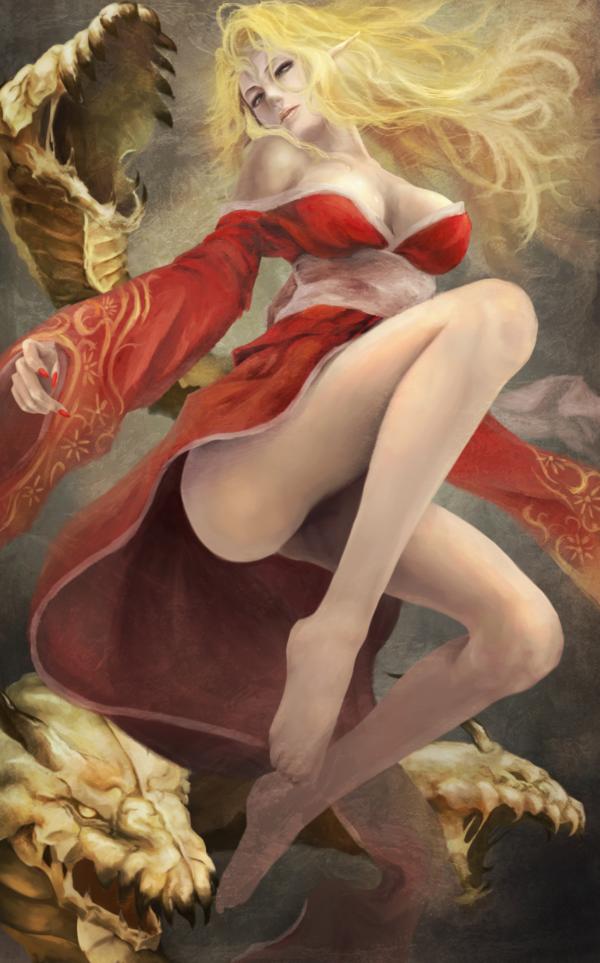 akai_kitsune bad_id bad_pixiv_id bare_legs bare_shoulders barefoot blonde_hair bottomless breasts byunei elf female fingernails highres japanese_clothes large_breasts legs long_hair nail_polish pointy_ears red_nails romancing_saga_3 saga snake