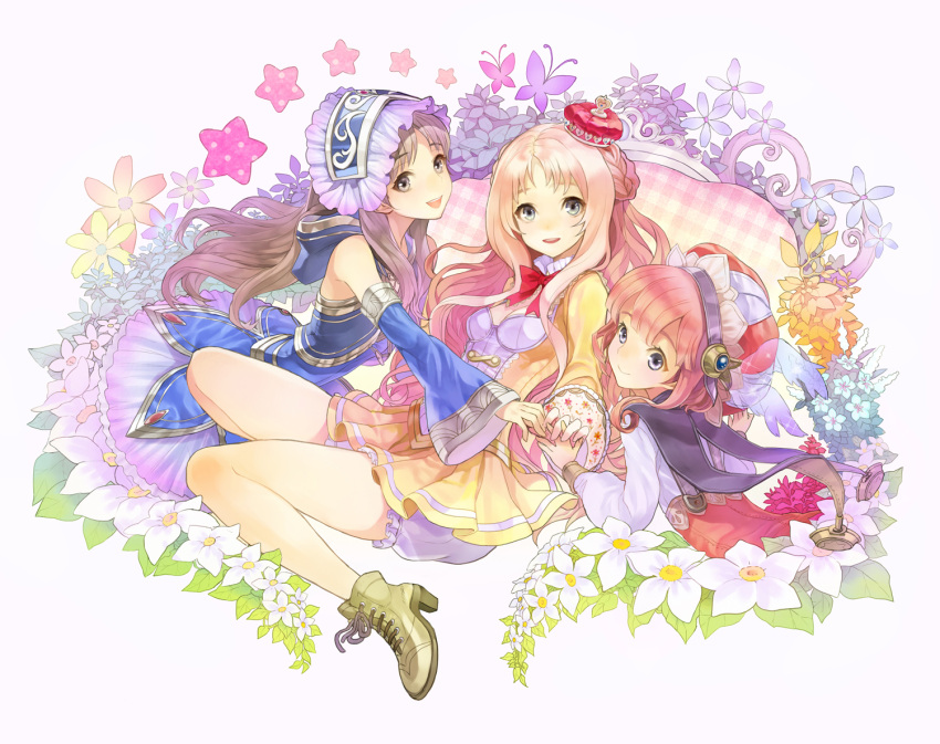 3girls arched_crown atelier_(series) atelier_meruru atelier_rorona atelier_totori bare_legs blonde_hair bloomers blue_eyes blue_sleeves braid brown_eyes brown_hair cocorip commentary crown detached_sleeves flower full_body grey_eyes half_updo hat long_hair merurulince_rede_arls multiple_girls photoshop_(medium) red_crown red_hair rororina_fryxell short_hair skirt smile tilted_headwear totooria_helmold underwear white_bloomers