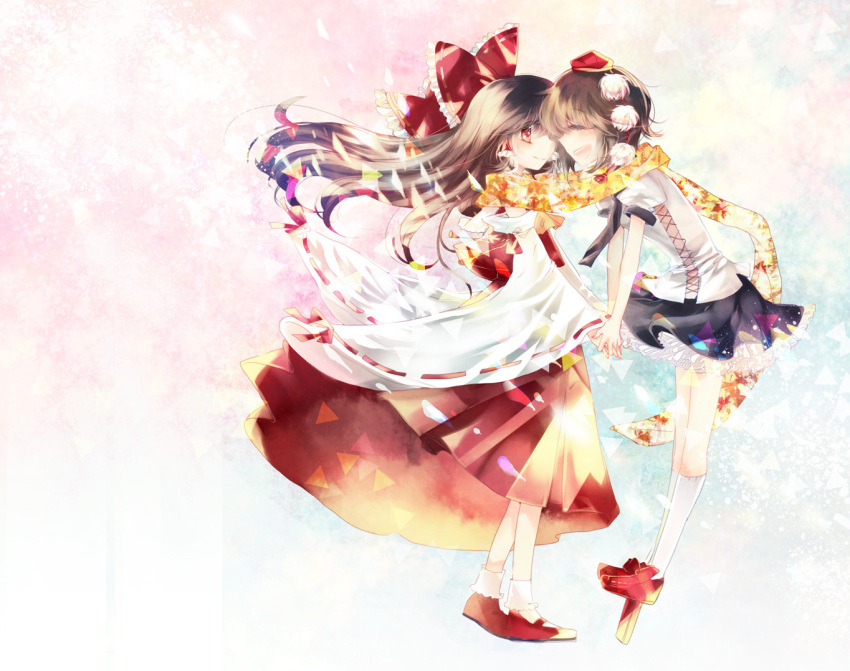 2girls bow brown_hair commentary_request detached_sleeves geta hair_tubes hairbow hakurei_reimu hat holding_hands long_hair mimia_(96.5) multiple_girls open_mouth profile red_eyes scarf shameimaru_aya shared_clothes shared_scarf short_hair skirt smile tengu-geta tokin_hat touhou yuri