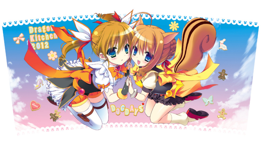 2girls ahoge animal_ears blue_eyes blush bow brown_hair bug butterfly commentary_request dog_days fingerless_gloves gingerbread gloves hair_ribbon heart kanibasami kuberu_e_pastillage multiple_girls open_mouth rebecca_anderson ribbon short_twintails skirt socks squirrel_ears squirrel_girl squirrel_tail tail thighhighs twintails