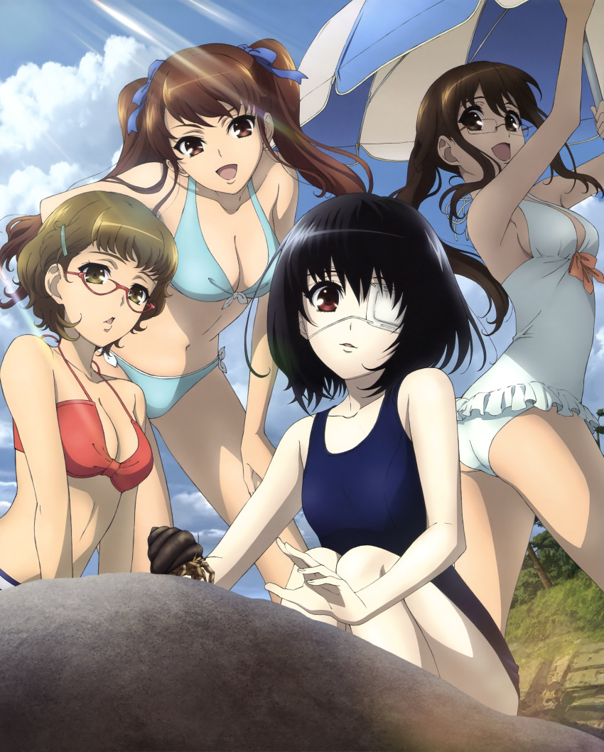 4girls :d absurdres akazawa_izumi another aqua_bikini artist_request ass beach_umbrella bikini black_hair breasts brown_eyes brown_hair casual_one-piece_swimsuit cleavage cloud day duplicate eyepatch frilled_one-piece_swimsuit frills front-tie_top glasses hair_ornament hair_ribbon hairclip halterneck hand_on_thigh hermit_crab highres light_rays looking_back medium_breasts misaki_mei multiple_girls official_art one-piece_swimsuit open_mouth pale_skin pixel-perfect_duplicate red_bikini red_eyes reiko_(another) ribbon scan school_swimsuit short_hair side-tie_bikini_bottom sideboob sky smile sugiura_takako sunbeam sunlight swimsuit twintails umbrella white_one-piece_swimsuit