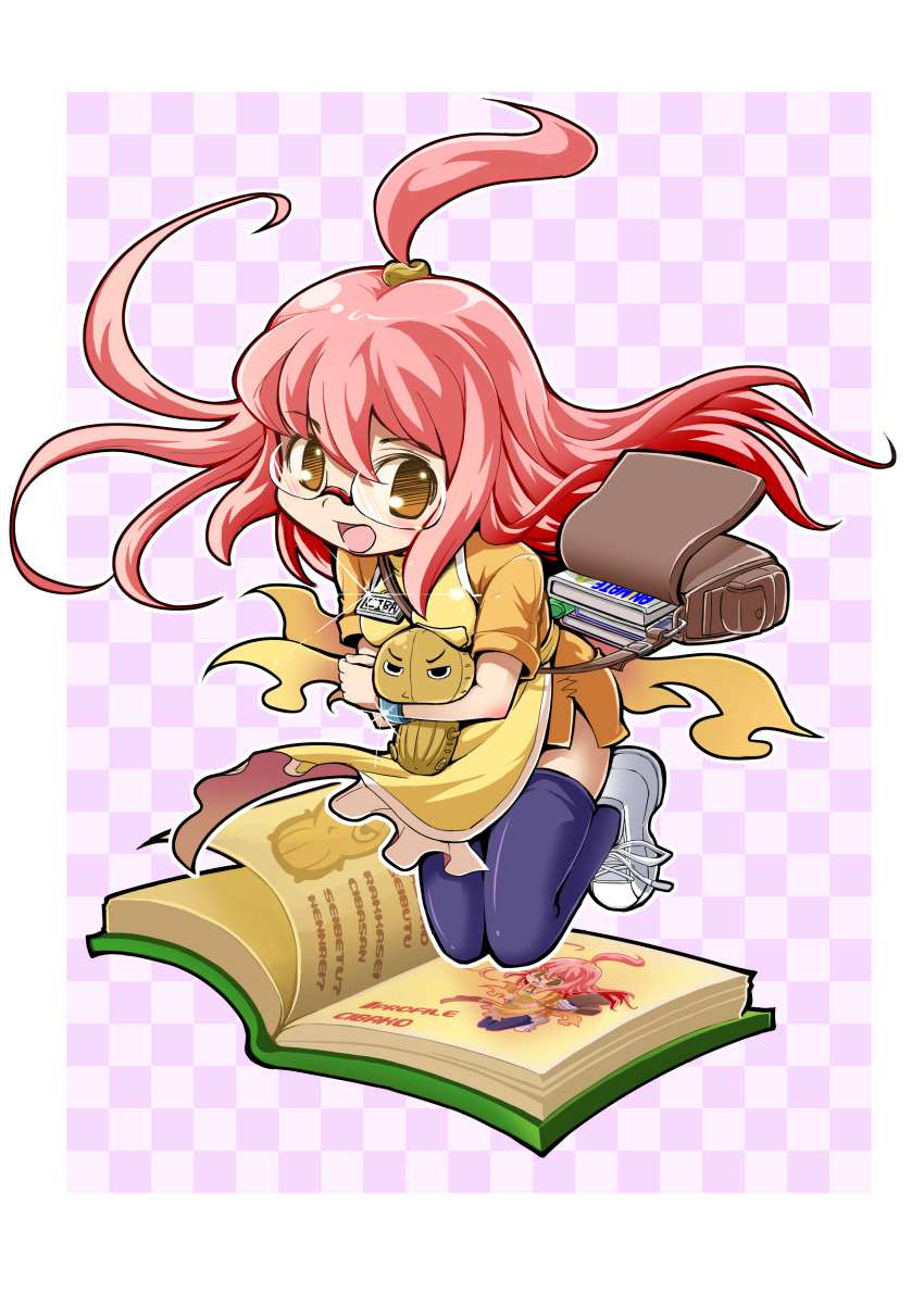 absurdres book commentary_request copyright_request female glasses highres kubocha long_hair looking_at_viewer open_mouth photoshop_(medium) pink_hair recursion smile solo thighhighs