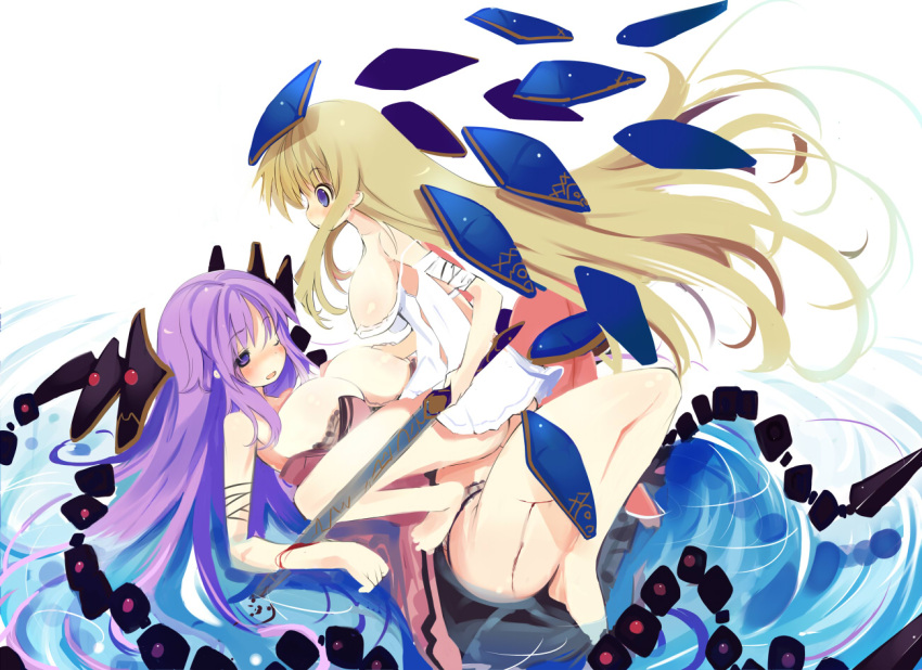 2girls ass bad_id bad_pixiv_id bandages blonde_hair blood blue_eyes blush breasts copyright_request cowgirl_position injury kawahara_megumi large_breasts long_hair multiple_girls one_eye_closed purple_eyes purple_hair sideboob sword very_long_hair water weapon