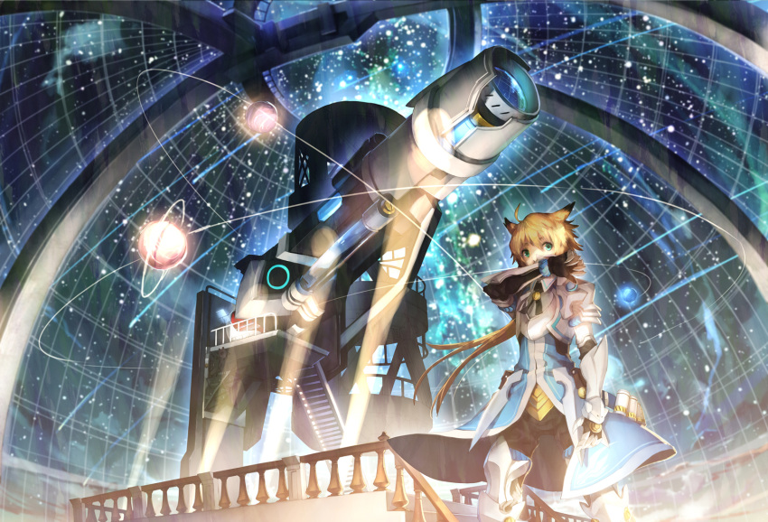 1boy aqua_eyes armor armored_boots blonde_hair boots cartridge chung_seiker commentary_request elsword gauntlets highres light long_hair observatory observatory_dome photoshop_(medium) scorpion5050 shelling_guardian_(elsword) shoulder_armor telescope