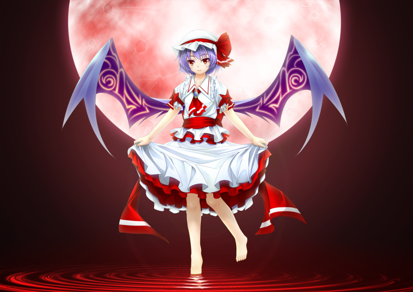 aru1025330 ascot barefoot blue_hair commentary_request curtsey female hat hat_ribbon highres moon puffy_sleeves red_eyes red_moon remilia_scarlet ribbon short_hair short_sleeves skirt_hold smile solo touhou wings