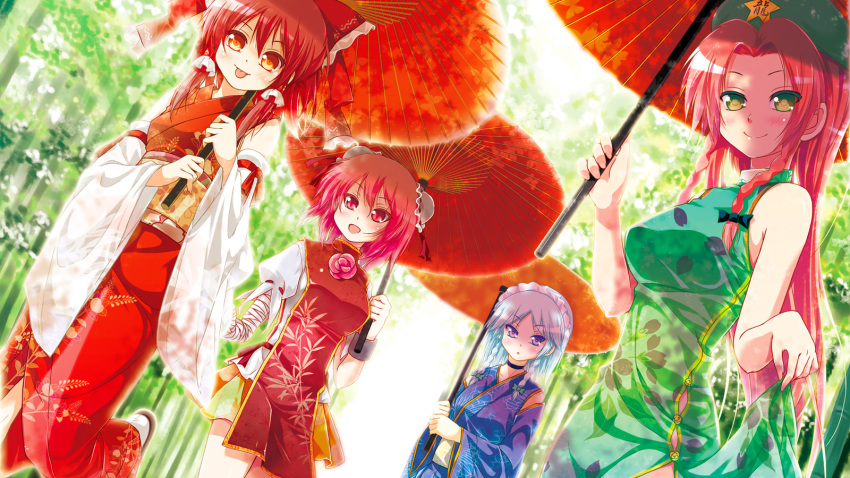 4girls :p alternate_costume bandages bare_shoulders beret blue_eyes bow braid breasts brown_hair bun_cover china_dress chinese_clothes choker commentary_request detached_sleeves double_bun dress dutch_angle flower hair_bun hair_ribbon hair_tubes hairbow hakurei_reimu hat highres holding hong_meiling ibaraki_kasen izayoi_sakuya japanese_clothes long_hair maid_headdress medium_breasts multiple_girls obi oil-paper_umbrella pink_eyes pink_hair porurin red_eyes red_hair ribbon rose sash short_hair skirt smile star_(symbol) tabard tongue tongue_out touhou twin_braids umbrella white_hair