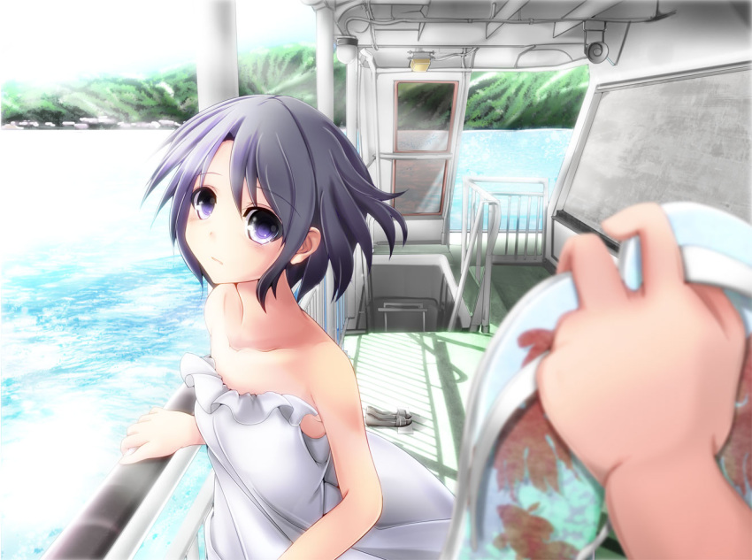 bare_shoulders black_hair boat commentary_request dress female holding holding_shoes kiki_(koikuchikinako) looking_at_viewer original out_of_frame pov pov_hands purple_eyes shoes short_hair solo_focus strapless strapless_dress water watercraft