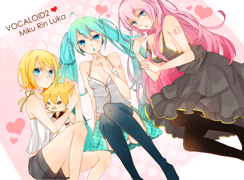 1boy 3girls aqua_eyes aqua_hair bad_id bad_pixiv_id blonde_hair character_name chibi dress finger_to_mouth hatsune_miku highres kagamine_rin kawahara_chisato long_hair megurine_luka multiple_girls nail_polish panties pantyhose pantyshot pink_hair shorts sitting skirt thighhighs twintails underwear very_long_hair vocaloid