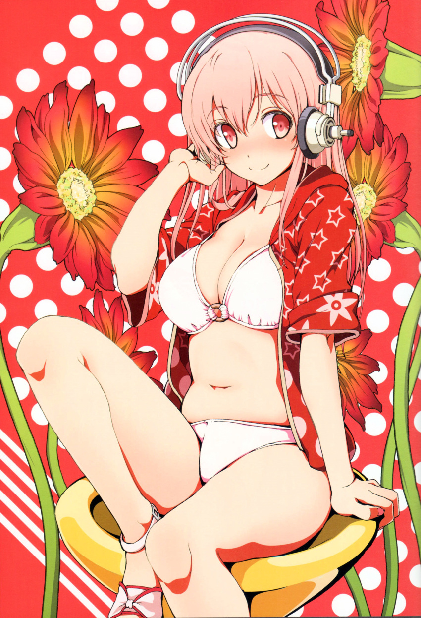 absurdres aka_ringo bikini breasts cleavage female flower hand_on_headphones headphones highres hood hooded_jacket jacket large_breasts leg_lift long_hair navel nitroplus o-ring o-ring_top photoshop_(medium) pink_eyes pink_hair sandals scan sitting smile solo super_sonico swimsuit white_bikini