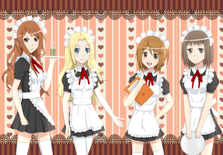 4girls age_difference alternate_costume bad_id bad_pixiv_id black_hair blonde_hair blue_eyes breasts brown_eyes brown_hair commentary_request cosplay dars_(recolors) enmaided frenda_seivelun height_difference item_(toaru) kinuhata_saiai long_hair maid medium_breasts mugino_shizuri multiple_girls takitsubo_rikou toaru_majutsu_no_index