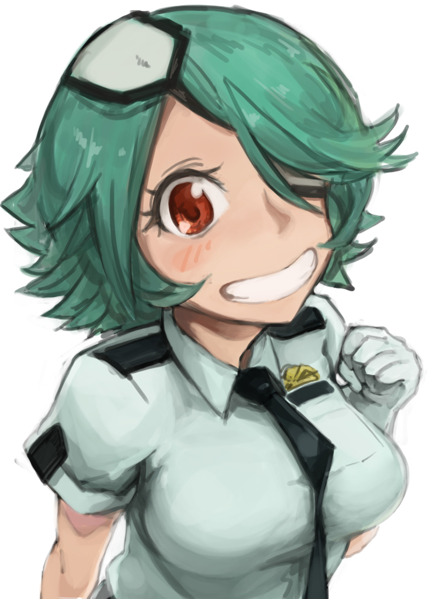 badge between_breasts blush breasts commentary_request eyelashes eyepatch female gloves green_hair hair_over_one_eye highres necktie otonashi_kiruko photoshop_(medium) police police_uniform policewoman red_eyes shinmai_fukei_kiruko-san short_hair simple_background smile solo teeth toro3 uniform white_background white_gloves