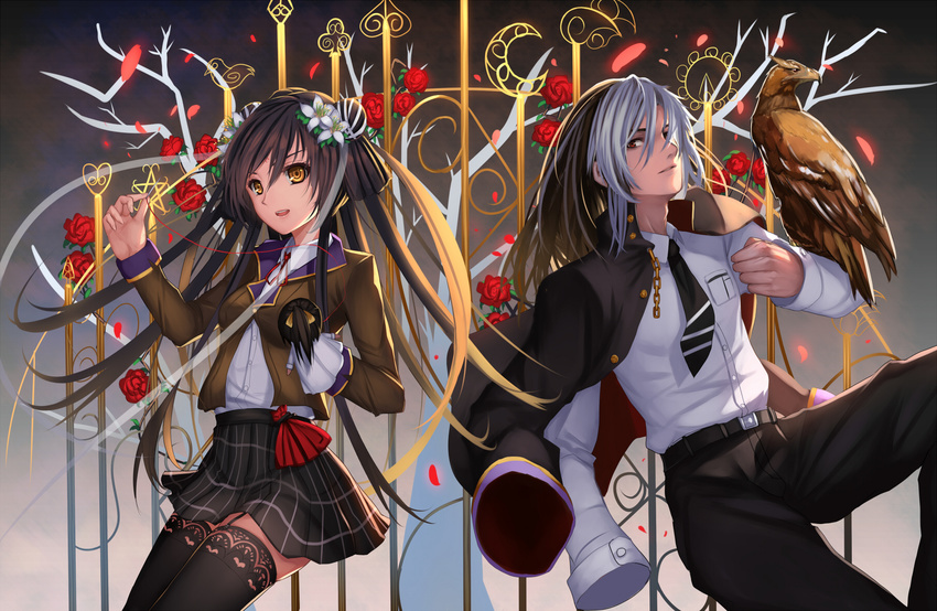 ac_xsk animal bird black_hair brown_eyes flowers long_hair original red_eyes skirt thighhighs tie white_hair zettai_ryouiki