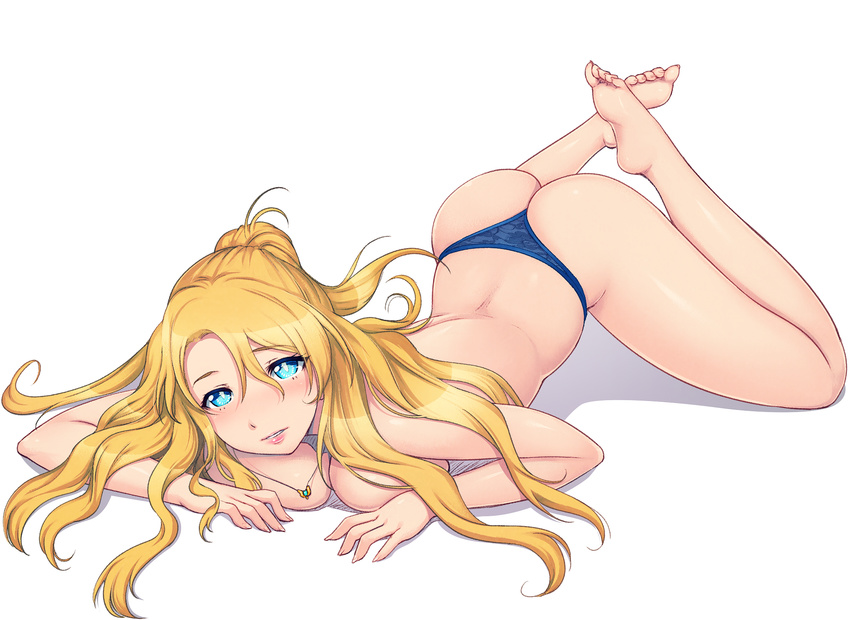 ass back bad_id bad_pixiv_id barefoot blonde_hair blue_panties breast_press breast_rest breasts cleavage eyebrows feet female full_body hair_between_eyes half_updo highres jewelry lace lace_panties large_breasts lidia_irving long_hair long_toenails looking_at_viewer mahito necklace panties parted_lips pendant photoshop_(medium) pink_lips shadow simple_background soles solo thong toenails top-down_bottom-up topless underwear white_background wizard_links