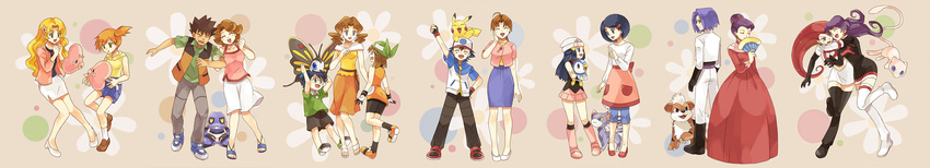 4boys 6+girls absurdres alternate_costume bad_id bad_pixiv_id bandana beanie beautifly bike_shorts black_hair blonde_hair blue_hair brock_(pokemon) brother_and_sister brown_hair caroline_(pokemon) closed_eyes commentary_request croagunk crown daisy_(pokemon) dawn_(pokemon) delia_ketchum dress drill_hair earrings elbow_gloves fingerless_gloves folding_fan glameow glasses gloves green_eyes growlithe hair_ornament hand_fan hat highres holding holding_fan holding_pokemon hood hoodie james'_mother_(pokemon) james_(pokemon) jessie_(pokemon) jewelry johanna_(pokemon) kasumi_(pokemon) lola_(pokemon) luvdisc max_(pokemon) may_(pokemon) mew_(pokemon) miyamoto_(pokemon) mother's_day mother_and_daughter mother_and_son multiple_boys multiple_girls on_head orange_hair pikachu piplup pokemon pokemon_(anime) pokemon_(classic_anime) pokemon_(creature) pokemon_dppt_(anime) pokemon_on_head pokemon_rse_(anime) purple_hair red_hair satoshi_(pokemon) siblings side_ponytail sisters skirt sleeveless sleeveless_hoodie team_rocket team_rocket_uniform tears thighhighs twintails usao_(313131) wavy_hair wide_image