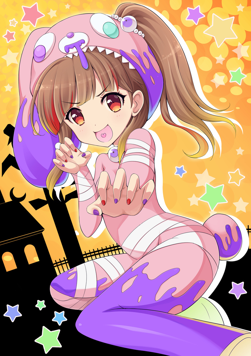 absurdres amari_akari animal_hood asymmetrical_hair bandages blunt_bangs brown_hair claw_pose eyeball female flat_chest girlfriend_(kari) gradient_hair halloween halloween_costume heart heart_in_mouth highres hood isumi_(i-spixi) looking_at_viewer medium_hair multicolored_hair multicolored_nails nail_polish orange_eyes photoshop_(medium) rabbit_girl rabbit_hood rabbit_tail side_ponytail solo streaked_hair tail tongue tongue_out