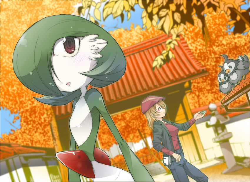 artist_request autumn blonde_hair blush gardevoir green_hair hat kaeru_ace pokemon red_eyes shrine starly torii