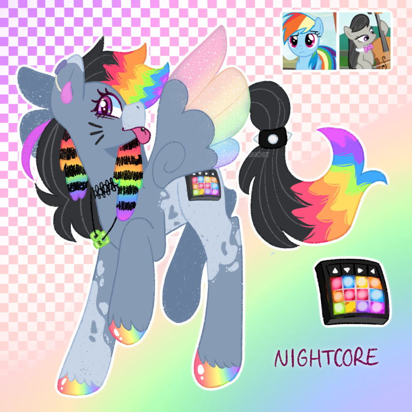 1:1 alternative_fashion ambiguous_gender collar coontail_hair cutie_mark earpiece equid equine feral fusion grey_body hair hasbro heart_symbol hi_res hooves iridescent iridescent_wings jewelry looking_at_viewer mammal multicolored_body multicolored_hair multicolored_hooves multicolored_tail my_little_pony mythological_creature mythological_equine mythology necklace pegasus rainbow_hair rainbow_hooves rainbow_tail rainbow_wings scene_(fashion) screencap solo spiked_collar spikes tail tongue tongue_out two_tone_body vurtuaghost wings y2k_(graphic_design)