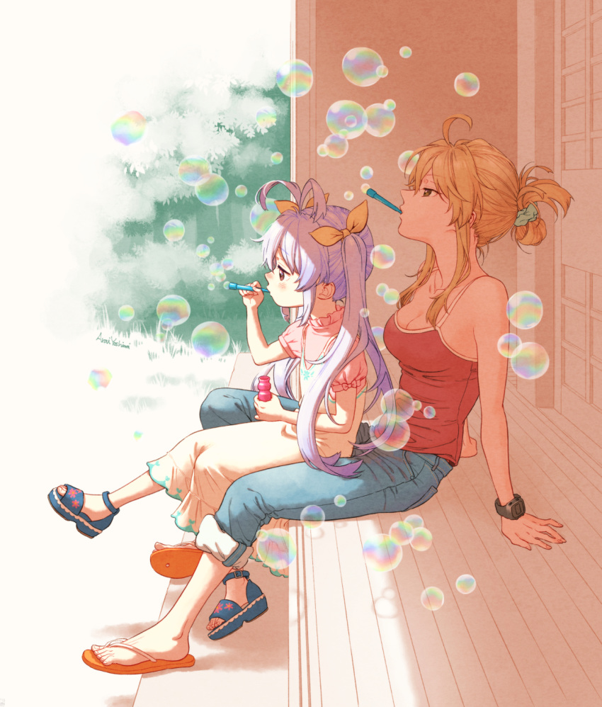 2girls aged_up ahoge antenna_hair arai_yoshimi artist_name bad_id bad_pixiv_id blonde_hair blowing_bubbles bow breasts brown_eyes bubble cleavage collarbone commentary_request dress grass hairbow highres kagayama_kaede light_purple_hair long_hair medium_breasts miyauchi_renge multiple_girls non_non_biyori outdoors pants pants_rolled_up porch red_eyes sandals scrunchie shirt shoes sitting sitting_on_lap sitting_on_person sunlight tied_hair toes tree twintails very_long_hair watch wooden_floor wristwatch