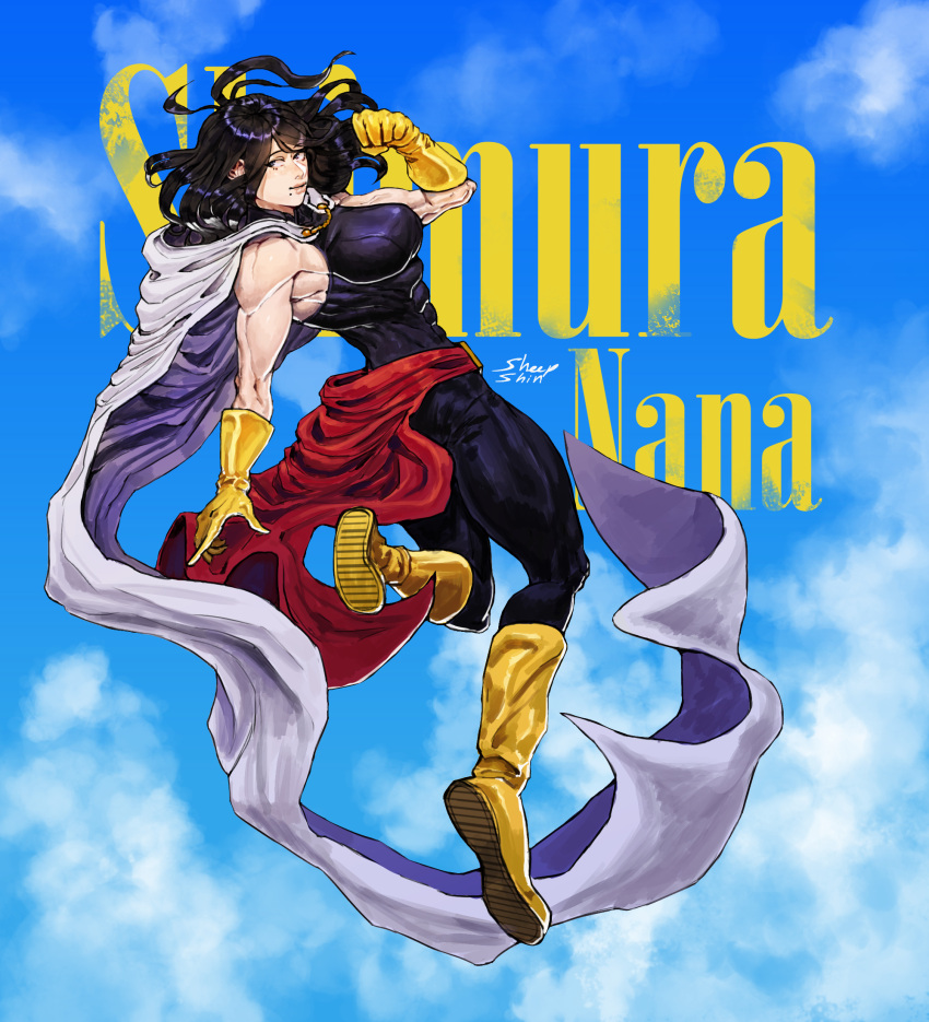 black_bodysuit blue_sky bodysuit boku_no_hero_academia boots breasts cape character_name clenched_hand covered_abs female flying full_body gloves highres knee_boots medium_breasts medium_hair mole mole_under_mouth muscular muscular_female obliques red_skirt sheep_shin shimura_nana showgirl_skirt skin_tight skirt sky sleeveless sleeveless_bodysuit solo superhero_costume twisted_torso white_cape yellow_footwear yellow_gloves