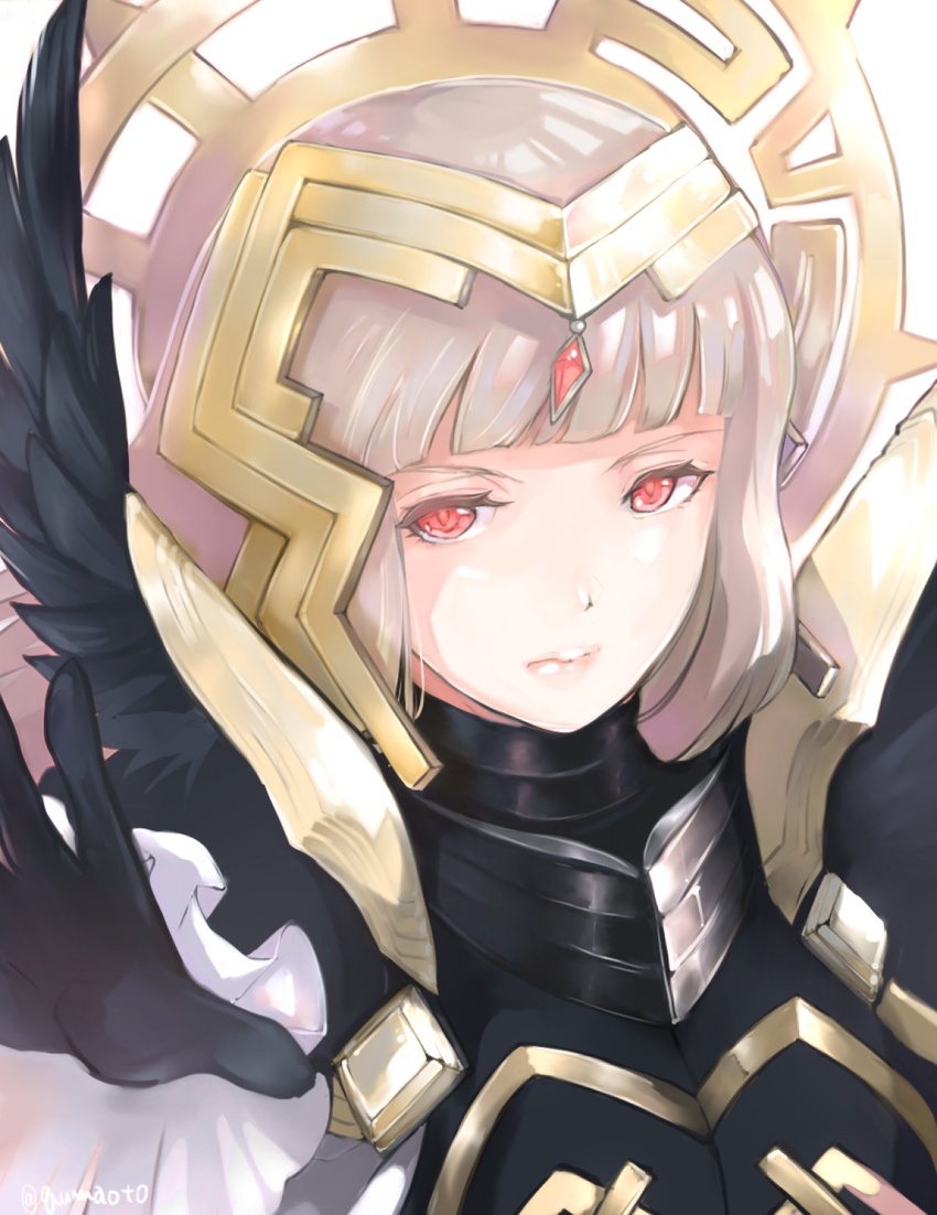 armor black_armor black_gloves closed_mouth commentary_request crown female fire_emblem fire_emblem_heroes gloves grey_hair hair_ornament highres long_hair protected_link qumaoto red_eyes solo veronica_(brave_princess)_(fire_emblem) veronica_(fire_emblem)