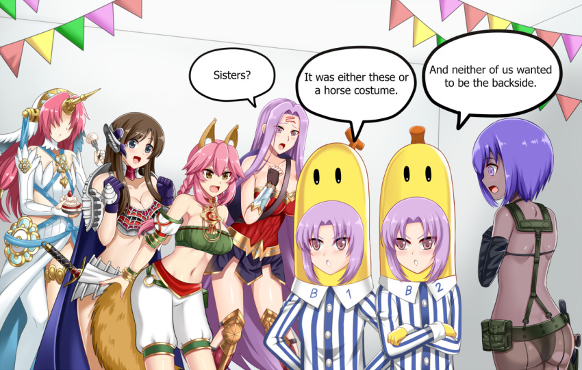 6+girls :d :o animal_ears ass azura_(fire_emblem) azura_(fire_emblem)_(cosplay) b1_(bananas_in_pyjamas) b1_(bananas_in_pyjamas)_(cosplay) b2_(bananas_in_pyjamas) b2_(bananas_in_pyjamas)_(cosplay) banana_costume bananas_in_pyjamas bikini black_bikini breasts brown_hair cleavage collarbone commentary commission cosplay crossed_arms cupcake dark-skinned_female dark_skin dc_comics english_commentary english_text euryale_(fate) facial_mark fate/grand_order fate_(series) fire_emblem fire_emblem_fates food forehead_mark fox_ears fox_girl fox_tail frankenstein's_monster_(fate) hair_over_eyes hassan_of_serenity_(fate) large_breasts long_hair mata_hari_(fate) medusa_(fate) medusa_(rider)_(fate) metal_gear_(series) metal_gear_solid_v:_the_phantom_pain multiple_girls open_mouth pantyhose pink_hair purple_hair quiet_(metal_gear) quiet_(metal_gear)_(cosplay) seijuu_sentai_gingaman shelinda shelinda_(cosplay) siblings smile soulcalibur stheno_(fate) strapless streamers super_sentai swimsuit sword tail talim talim_(cosplay) tamamo_(fate) tamamo_no_mae_(fate/extra) the-sinner tiara torn_clothes torn_pantyhose tube_top twins very_long_hair weapon wonder_woman wonder_woman_(cosplay) wonder_woman_(series)