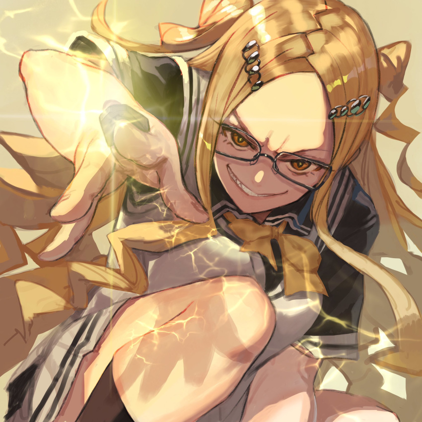 black-framed_eyewear blonde_hair board_game bow bowtie electricity female glasses highres holding long_hair orange_eyes parted_lips ryuuou_no_oshigoto! sainokami_ika sharp_teeth shirabi shogi simple_background skirt smile solo teeth yellow_background yellow_bow yellow_bowtie