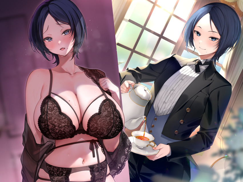 arm_up arrow_(tamawo222) black_bra black_garter_belt black_jacket black_panties black_pants black_ribbon black_suit blue_eyes blue_hair blurry blurry_background blurry_foreground blush bob_cut bow bra breasts breath butler buttons cleavage clenched_hand closed_mouth collarbone collared_shirt commentary_request cup curtains day depth_of_field dress_shirt eyelashes female female_butler flower formal garter_belt highres holding holding_saucer holding_teapot huge_breasts indoors jacket lace lace-trimmed_garter_belt lace-trimmed_nightgown lace_bra lace_trim lens_flare lingerie long_sleeves looking_at_viewer mole mole_on_breast mole_under_mouth navel neck_ribbon negligee nightgown off_shoulder official_art open_clothes open_mouth original panties pants parted_bangs pouring reverse_trap ribbon saucer see-through shadow shirt smile solo straight_hair string_panties striped_clothes striped_shirt suit suit_jacket tailcoat tea teacup teapot tongue underwear upper_body vertical-striped_clothes vertical-striped_shirt waistcoat white_flower white_shirt window wing_collar