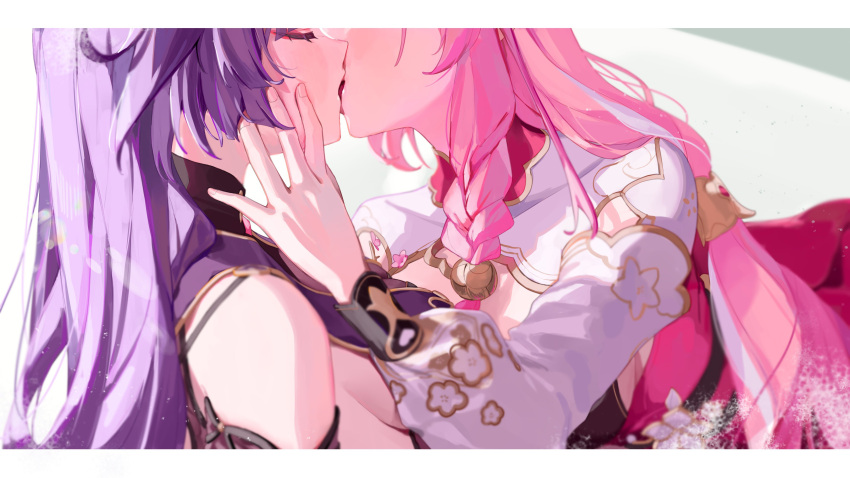 2girls absurdres breasts closed_eyes commentary_request elysia_(herrscher_of_human:_ego)_(honkai_impact) elysia_(honkai_impact) elysia_(peachy_spring)_(honkai_impact) hand_on_another's_cheek hand_on_another's_face head_out_of_frame highres honkai_(series) honkai_impact_3rd kissing letterboxed multiple_girls official_alternate_costume parted_lips pink_hair purple_hair raiden_mei raiden_mei_(herrscher_of_thunder) raiden_mei_(rainy_springtide)_(honkai_impact) roena sideboob yuri