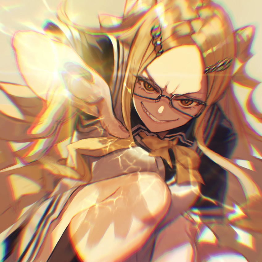 black-framed_eyewear blonde_hair board_game bow bowtie electricity female glasses highres holding long_hair orange_eyes parted_lips ryuuou_no_oshigoto! sainokami_ika sharp_teeth shirabi shogi simple_background skirt smile solo teeth yellow_background yellow_bow yellow_bowtie