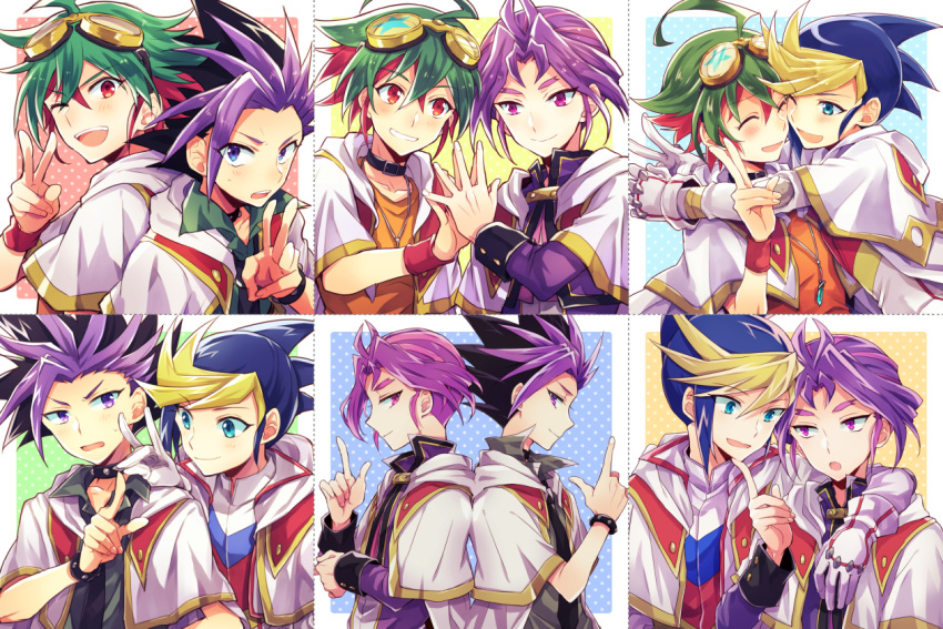 >_o 4boys :o ^_^ arm_around_shoulder arms_around_neck back-to-back bangs black_hair blonde_hair blue_eyes blue_hair borrowed_garments closed_eyes collage collar commentary_request forked_eyebrows gloves goggles goggles_on_head green_hair half-closed_eyes hand_on_another's_chin hug index_finger_raised jewelry mikami_(mkm0v0) multicolored_hair multiple_boys necklace one_eye_closed purple_eyes purple_hair red_eyes red_hair sakaki_yuuya simple_background smile spiked_collar spiked_hair spikes two-tone_hair upper_body v white_gloves yu-gi-oh! yu-gi-oh!_arc-v yuugo_(yu-gi-oh!) yuuri_(yu-gi-oh!) yuuto_(yu-gi-oh!)