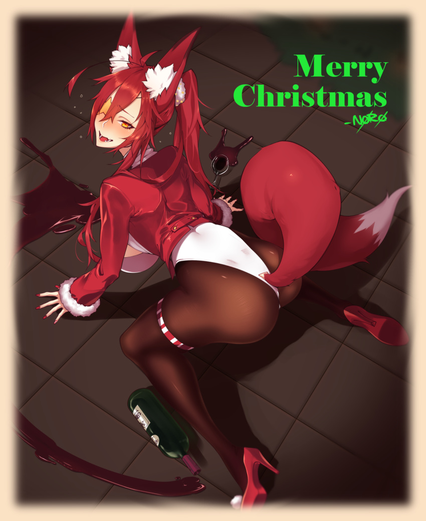 :d all_fours animal_ear_fluff animal_ears ass back black_pantyhose blush bottle christmas commentary_request cup drinking_glass drunk eyepatch fangs female fox_ears fox_girl fox_tail fur_trim hair_between_eyes high_heels highres kitsu_(n0r0) leotard long_hair n0r0 open_mouth original pantyhose ponytail red_footwear red_hair red_nails sleeves_past_wrists smile solo spill tail teeth thigh_strap wine_bottle wine_glass