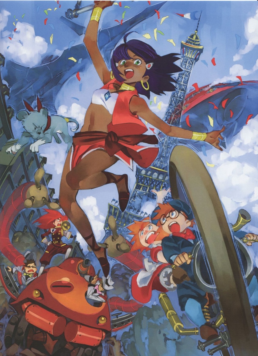 3boys 3girls blue_eyes city dark_skin fushigi_no_umi_no_nadia gainax grandis_granva green_eyes ground_vehicle hanson hat highres jean_roque_lartigue king_(nadia) lion marie_en_carlsberg mecha military military_vehicle motor_vehicle multiple_boys multiple_girls nadia nippon_housou_kyoukai official_art orange_hair purple_hair red_hair sanson scan short_hair submarine tank tower traditional_media watercraft yoshinari_you