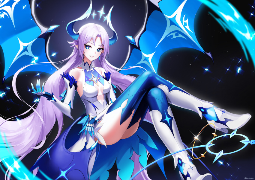 +_+ absurdres bare_shoulders blue_eyes blue_horns blue_wings breasts crossed_legs demon_girl demon_horns demon_wings elbow_gloves elsword female gloves high_heels highres horns ishtar_(elsword) leotard long_hair luciela_r._sourcream medium_breasts photoshop_(medium) pointy_ears ppower_(lu_power) purple_hair smile sparkle thighhighs very_long_hair wings