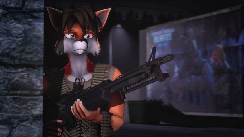 16:9 2021 3d_(artwork) absurd_res anthro billboard brown_hair canid canine cheek_tuft digital_media_(artwork) dumpster facial_tuft fox fur gold97fox gun hair hi_res holding_object holding_weapon machine_gun male mammal night orange_body orange_eyes orange_fur ranged_weapon red_fox solo source_filmmaker_(artwork) street_lamp true_fox tuft weapon white_body white_fur widescreen worried worried_face