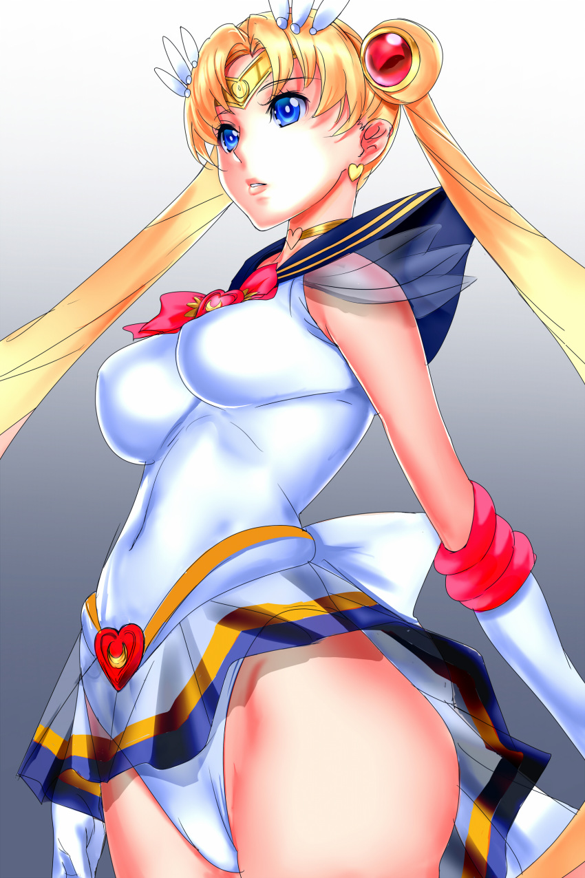 absurdres bad_anatomy bishoujo_senshi_sailor_moon blonde_hair blue_eyes blue_sailor_collar breasts brooch choker covered_navel crescent_moon double_bun earrings elbow_gloves female gloves hair_bun hair_ornament heart heart_brooch heart_choker heart_earrings highres jewelry judge_(oekaki) leotard leotard_peek lips magical_girl moon parted_lips pink_ribbon ribbon sailor_collar sailor_moon sailor_senshi_uniform skirt solo super_sailor_moon tiara tsukino_usagi twintails upskirt white_gloves