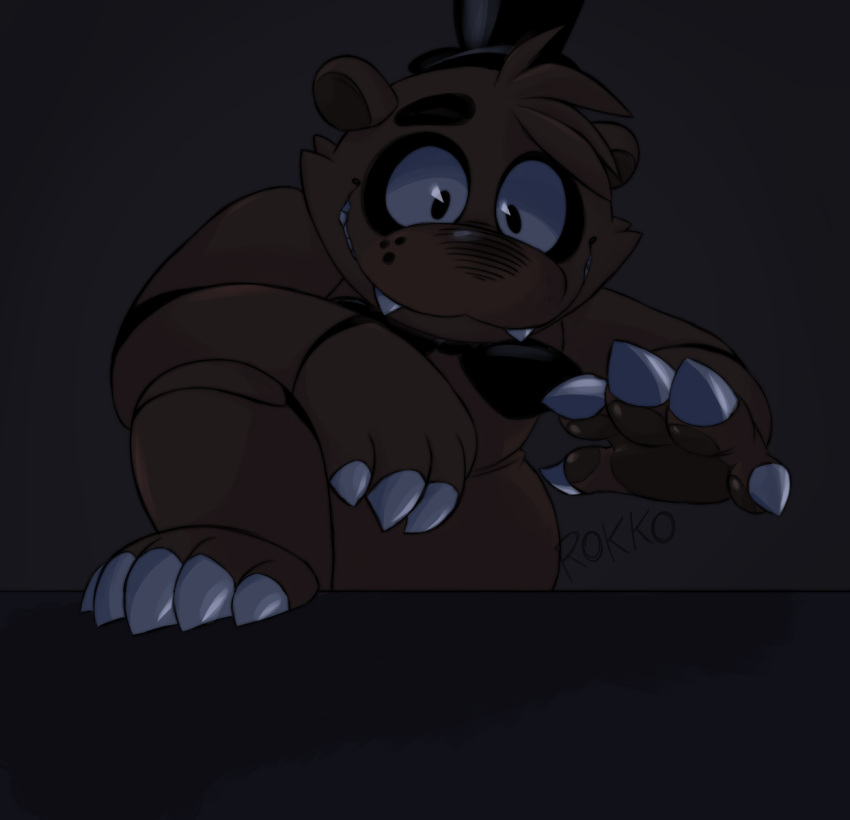 5_fingers 5_toes anthro bear black_eyebrows bow_tie brown_body claws clothing dark_body dark_skin eyebrows fangs feet fingers five_nights_at_freddy's freckles freddy_(fnaf) furniture hat headgear headwear hi_res legs_up machine male mammal raised_leg reaching resting_arm robot scottgames sharp_teeth showing_teeth simple_background smile solo table teeth toes top_hat white_claws