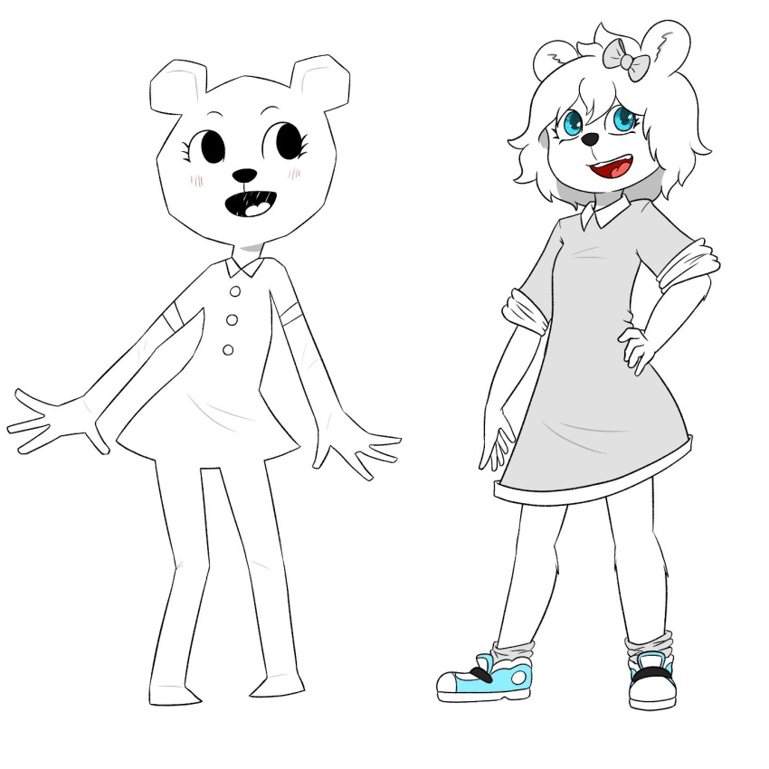 1:1 accessory anthro bear blue_eyes bow_ribbon cartoon_network clothed clothing female footwear fur hair_accessory hair_ribbon hairbow hand_on_hip hi_res mammal on_model paper paper_creature ribbons shoes simple_background solo teri_(tawog) the_amazing_world_of_gumball white_body white_fur whitebats