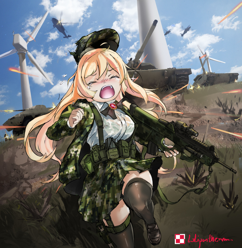 aircraft arma_(series) arma_3 armored_vehicle artist_name assault_rifle blonde_hair bullpup camouflage camouflage_headwear camouflage_jacket camouflage_skirt caterpillar_tracks closed_eyes cloud commentary_request crying day f2000_(girls'_frontline) female fleeing fn_f2000 girls'_frontline grass gun handgun hat helicopter highres jacket lolipantherwww long_hair military military_vehicle motor_vehicle open_mouth outdoors photoshop_(medium) rifle running see-through shirt skirt sky t-100_varsuk tank weapon wet wet_clothes wind_turbine