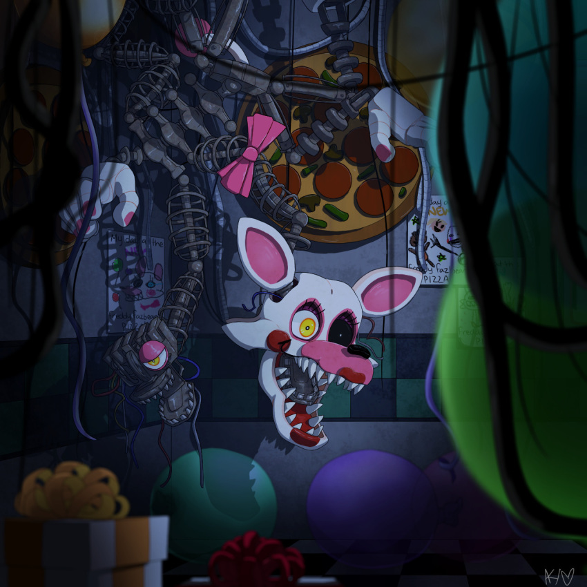 1:1 2019 2_heads alternate_version_at_source animatronic anthro balloon black_sclera bow_(feature) bow_ribbon bow_tie box canid canine container fingers five_nights_at_freddy's five_nights_at_freddy's_2 fox gift gift_bow gift_box grey_body hi_res inflatable lips lipstick machine makeup male mammal mangle_(fnaf) multi_head nails open_mouth pink_body pink_inner_ear ribbons robot scottgames sharp_teeth signature snazzamazing teeth white_body yellow_eyes