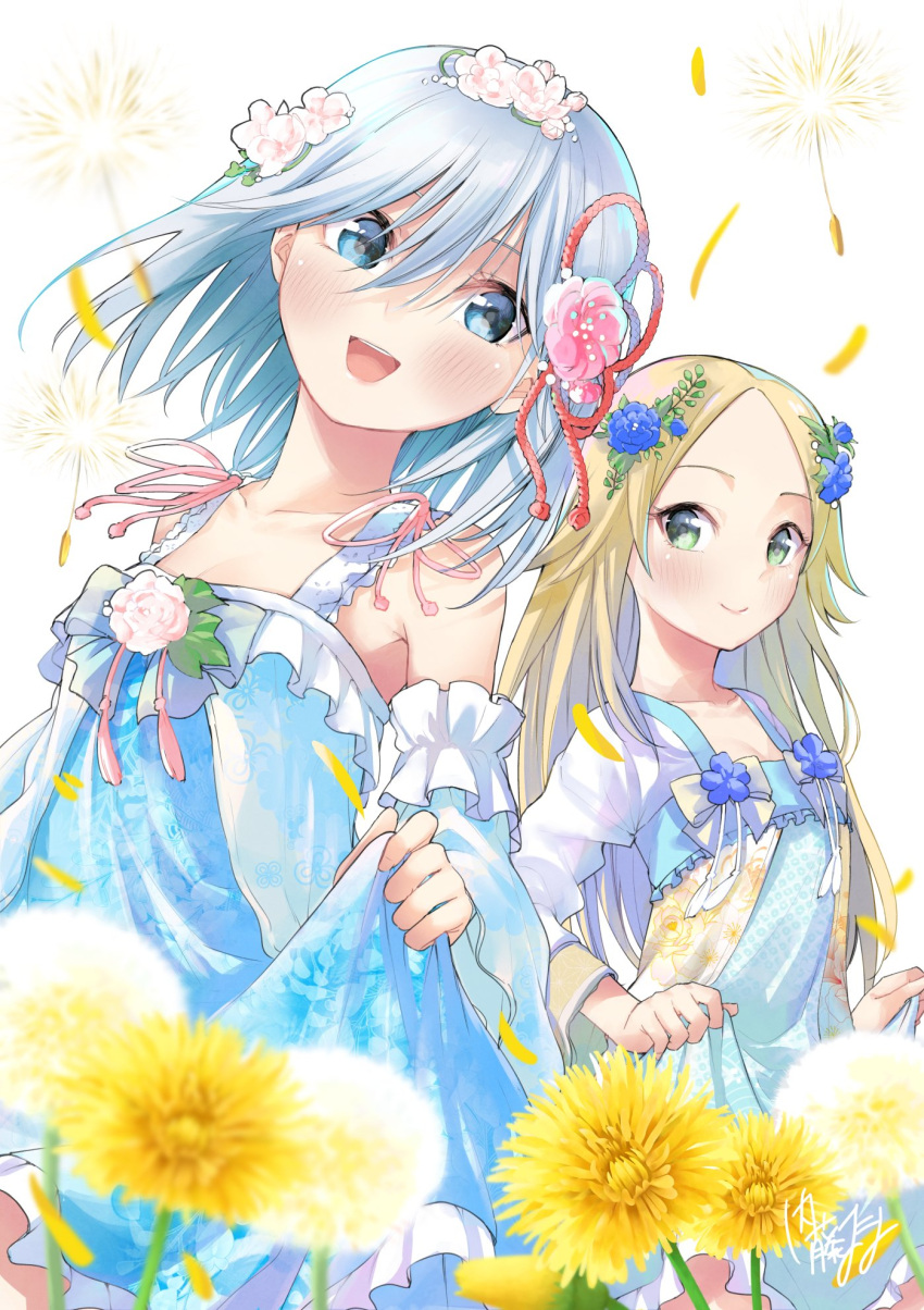 2girls amagami-san_chi_no_enmusubi amagami_asahi blonde_hair blue_dress blue_eyes blue_flower blush breasts collarbone commentary_request cover_image dandelion dandelion_seed detached_sleeves dress flower green_eyes hair_between_eyes hair_flower hair_ornament highres long_hair looking_at_another looking_at_viewer marcey matsugazaki_karen medium_breasts medium_hair multiple_girls official_art open_mouth parted_bangs pink_flower skirt_hold sleeveless sleeveless_dress small_breasts smile string white_background white_hair yellow_flower