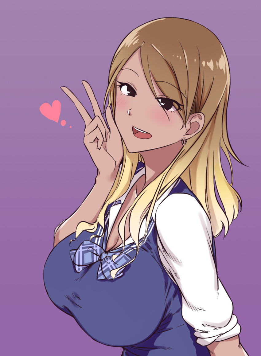 :d aki_(aoirowings) black_eyes blonde_hair blue_bow blue_vest blush bow breasts brown_hair cardigan_vest cleavage collared_shirt commentary_request dark-skinned_female dark_skin dress_shirt ear_piercing eyes_visible_through_hair female gradient_background gradient_hair gyaru heart highres idolmaster idolmaster_shiny_colors izumi_mei large_breasts long_hair long_sleeves looking_at_viewer multicolored_hair open_mouth piercing plaid plaid_bow purple_background revision school_uniform shirt simple_background sleeves_rolled_up smile solo upper_body v vest white_shirt