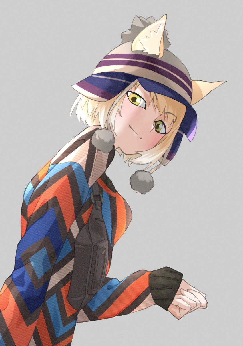 absurdres alternate_costume animal_ears arm_at_side bag blonde_hair closed_mouth dutch_angle ears_through_headwear fanny_pack female fox_ears from_side green_eyes grey_background hand_up hat highres kemono_friends long_sleeves looking_at_viewer medium_hair multicolored_clothes multicolored_sweater pom_pom_(clothes) simple_background sleeves_past_wrists smile solo sweater tanabe_(fueisei) tibetan_fox_(kemono_friends) upper_body