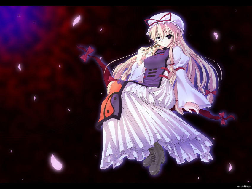 blonde_hair boots commentary_request female gap_(touhou) hand_fan hat kurosaki_hiroya long_hair long_skirt long_sleeves photoshop_(medium) purple_eyes ribbon skirt solo touhou yakumo_yukari