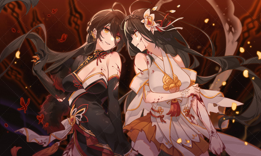 2girls apsara_(elsword) ara_haan asymmetrical_gloves asymmetrical_sleeves az_(zero_glvimayhop) black_gloves black_kimono black_sleeves blood blood_on_clothes blood_on_face braid breasts crown_braid detached_sleeves devi_(elsword) earrings elbow_gloves elsword flower gloves grin hair_between_eyes hair_flower hair_ornament hair_ribbon highres japanese_clothes jewelry kimono long_sleeves miniskirt multiple_girls orange_skirt pleated_skirt profile red_ribbon ribbon skirt sleeveless sleeveless_kimono smile white_flower white_kimono yellow_eyes